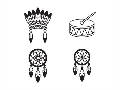 Hand Drawn Native American Symbols Outline Icons, Headdress Drum Dreamcatcher Line Art Set