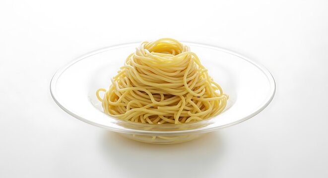 Pile of plain cooked spaghetti pasta on a clear glass plate isolated on white background with spaghetti, carbohydrate