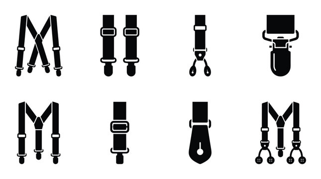Suspender belt icon set featuring various clip styles and harness designs for fashion accessories
