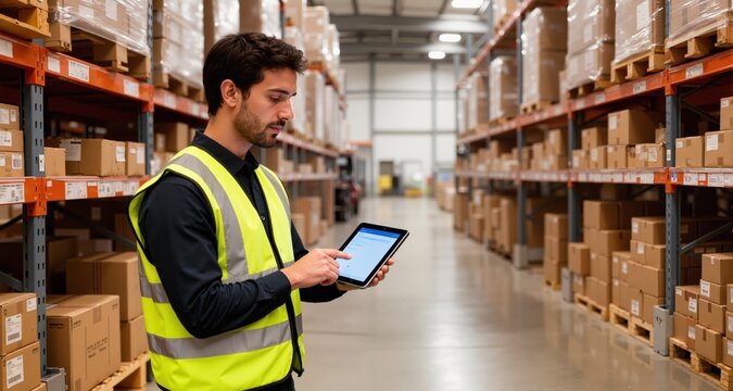 Warehouse worker with tablet managing inventory in fulfillment center
