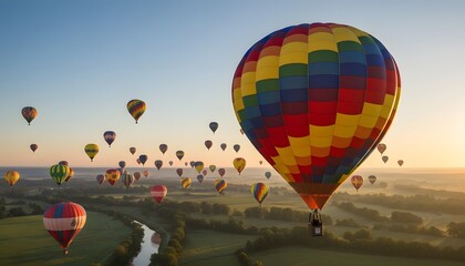 Obraz premium A group of colorful hot air balloons flying over a river valley during a balloon festival celebration at sunrise for a travel and adventure concept