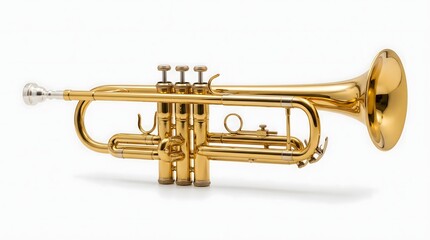 Obraz premium A shiny gold trumpet is displayed on a plain white background with a subtle shadow underneath the instrument
