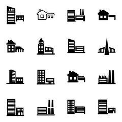 Fototapeta premium Set of 16 minimalist black building icons including residential houses, industrial factories, and commercial skyscrapers on white background.