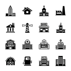 Fototapeta premium Set of Sixteen Black and White Building Vector Icons Representing Urban Infrastructure, Services, and Architecture.