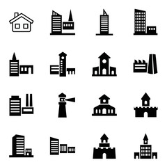 Fototapeta premium Collection of black building icons including house, factory, skyscraper, lighthouse, and castle isolated on white background