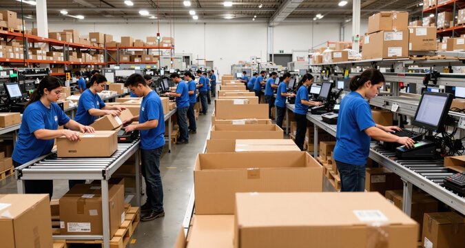 Order fulfillment process with workers picking and packing products in a bustling fulfillment center with copy space
