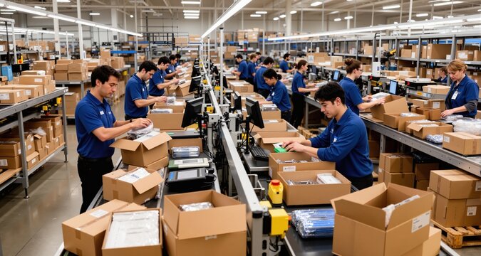 Order fulfillment process with workers picking and packing products in a bustling fulfillment center with copy space

