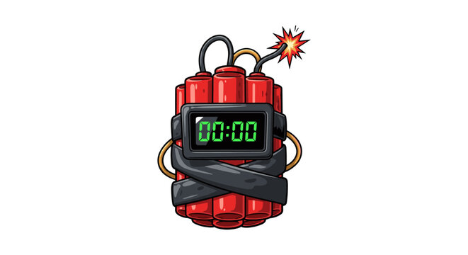 Cartoon illustration of a red dynamite explosive with countdown timer isolated on white background