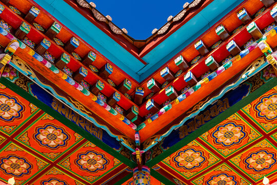 Beautiful painted designs on a temple ceiling in China.