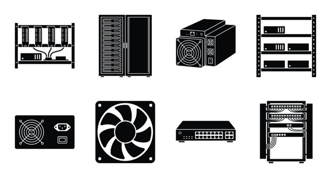 Crypto mining hardware icons set including server racks gpu rigs cooling fans and network switches