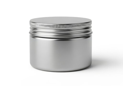 Small round silver metal tin container with screw top lid isolated on white background.