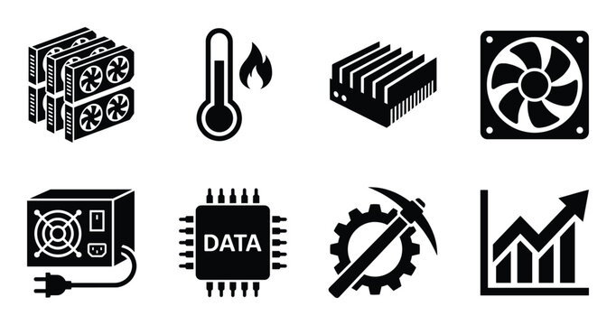 Cryptocurrency mining farm icons featuring gpu racks thermal sensors processor chips and growth graph