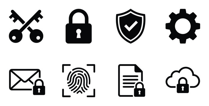 Cyber security and access control icon collection with biometric scanning and encrypted messaging
