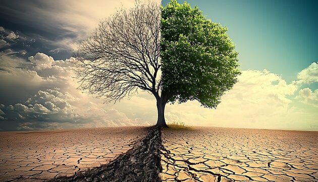 Split image of dead tree on dry cracked earth and vibrant tree on fertile ground.