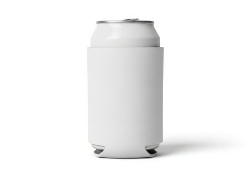 Plain white soda or beer can inside a white foam koozie cooler on a clean white background.