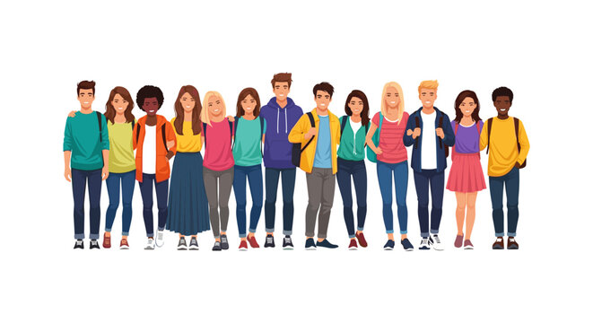 Diverse group of teenagers standing together isolated on white background