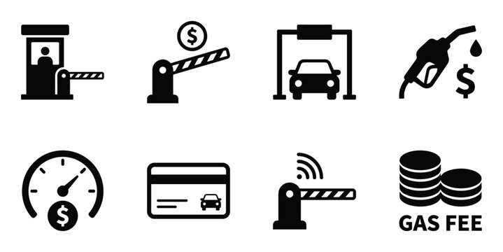 Gas fee toll booth barrier gas pump car payment credit card icons