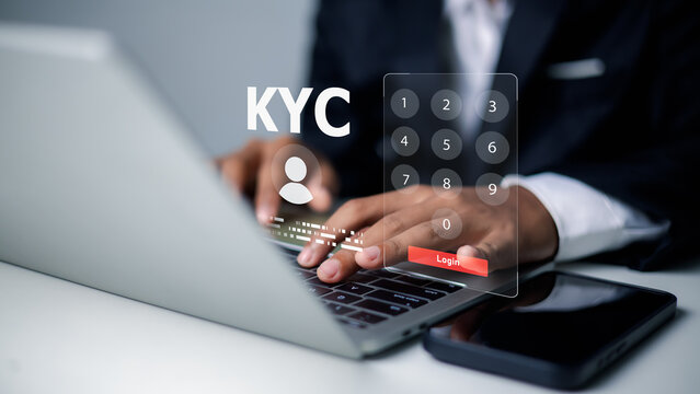 KYC identity verification and secure pin code access,Digital banking security with password protection on laptop,Financial data protection through authentication system,Virtual numeric keypad