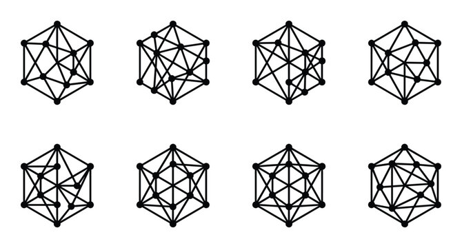 Hexagonal geometric connect icons set on transparent background for abstract network design concepts