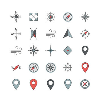 Navigation Icons Compass Wind Rose Map Pin Direction Symbols