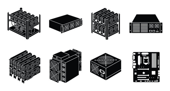 Isometric crypto mining equipment icons showing gpu rigs asic miners and computer hardware components