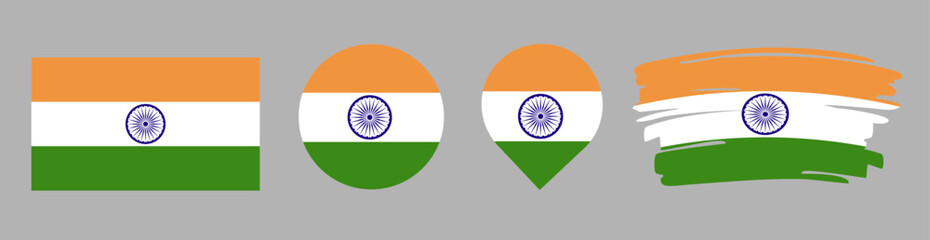 Obraz premium India Flag Set - National Banner in Rectangle Circle Map Pin and Brush Stroke Styles on Gray Background