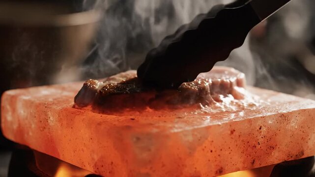 Close view of metal tongs holding a searing steak on a glowing salt block with rising steam, warm dramatic lighting suggests gourmet cooking and heat