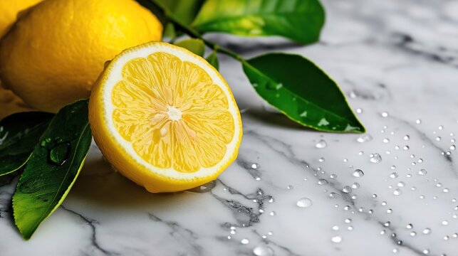 lemon. Vibrant lemon with green leaves on marble surface, fresh citrus close-up with water droplets. menu design, packaging mockups, designed for food delivery and cloud-kitchen brand materials.
