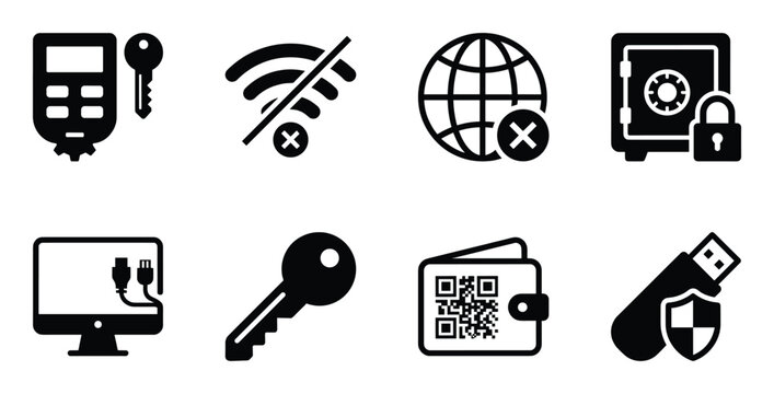 Offline security and privacy icons including air gap computer and hardware encryption keys set collection