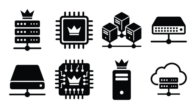 Server hosting and computer hardware icons for database management and cloud network infrastructure