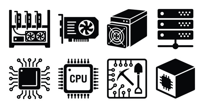 Set of black icons representing cryptocurrency mining hardware and network infrastructure