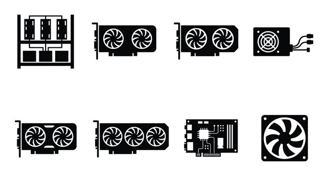 Set of computer hardware components including a mining rig gpu power supply and fan
