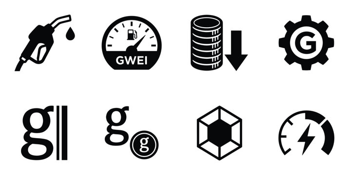 Set of cryptocurrency and energy related icons including a fuel nozzle GWEI meter coins giga gas symbol diamond