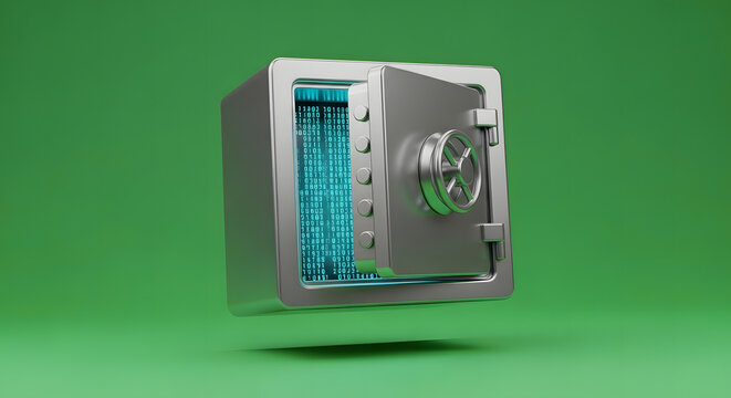 A 3D image of a metallic safe opened with digital data inside. The safe is positioned against a solid background