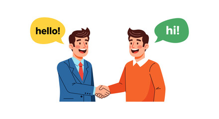 Two cartoon men shaking hands and saying hello and hi isolated on white background © MonwaraStock