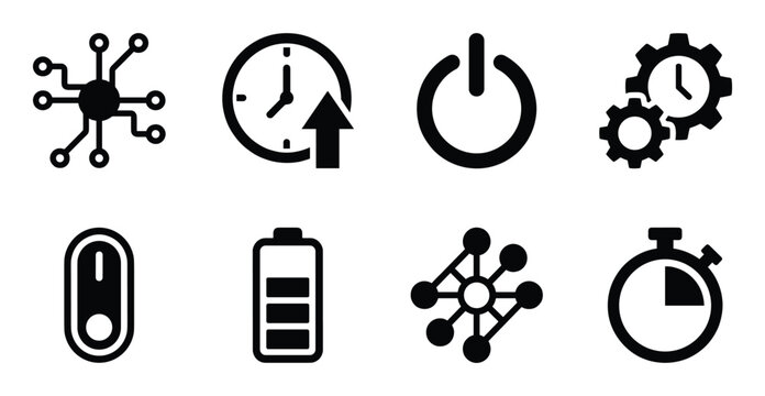Set of eight vector icons representing various technological and utility concepts power and time