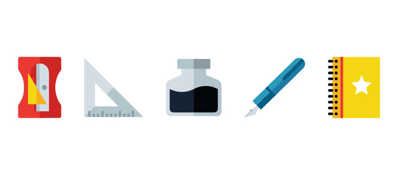 Back to School Supplies Icons Set Including Pencil Sharpener Triangle Ruler Ink Bottle Fountain Pen and Spiral Notebook Flat Vector Illustration for Education Concept