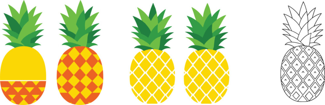 Illustrated Pineapples with Various Patterns and Styles, Including Line Art and Colorful Designs