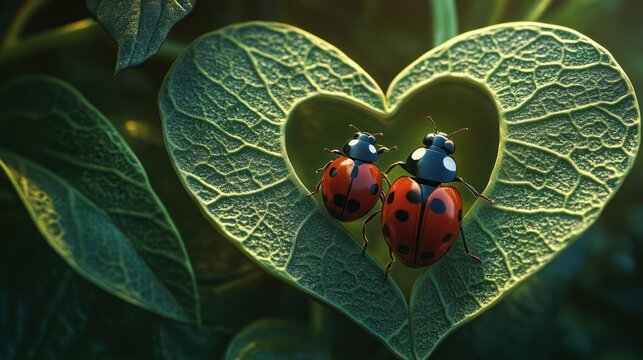 Two ladybugs in heart-shaped leaf, nature scene, romantic image