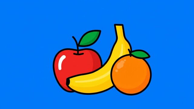 Simple animated fruit illustration featuring an apple banana and orange in a cartoon style with blue background