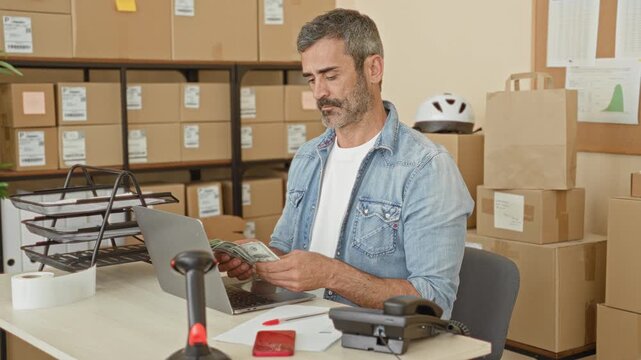 Man counts dollars, writes with pen and types on laptop, hands on desk among parcels and scanner in a small warehouse office; entrepreneurial focus.