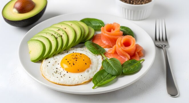 Fresh breakfast plate with avocado slices, fried egg, and tomato flowers