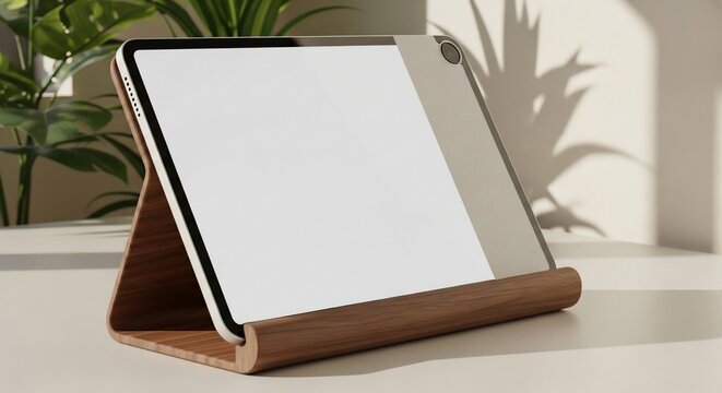 Brown leather tablet stand on desk.