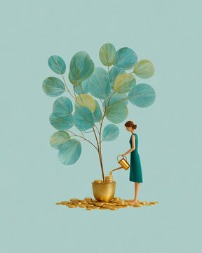 Nurturing Growth: A woman carefully waters a tree growing out of a pot filled with gold coins, symbolizing the concept of investment and growth, framed against a soft background.