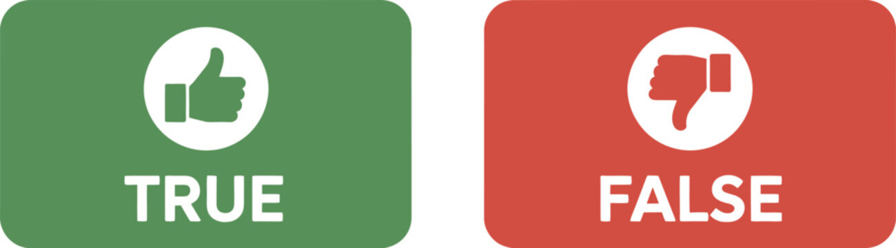 Like and dislike icon set, clean vector graphics showing thumbs up thumbs down and true false symbols for rating system feedback and UI interface design concept.