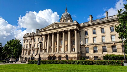 Fototapeta premium A grand neoclassical building under a brilliant blue sky, framed by lush green foliage and an expansive lawn in front