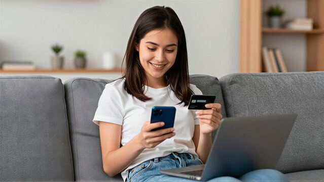 A smiling young woman sits on a sofa using a laptop and smartphone for online shopping. She holds a credit card to complete a secure purchase in a modern living room interior