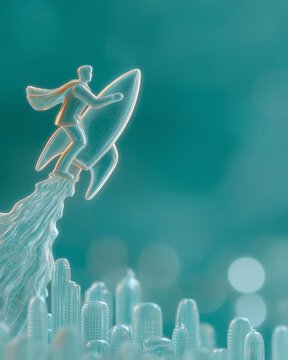 Soaring Ambition: A miniature figure of a businessperson fearlessly rides a rocket through a cityscape, capturing the essence of aspiration and ambition towards business. 