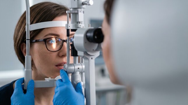 A woman undergoes an eye examination with a phoropter and an optometrist in a clinical setting.