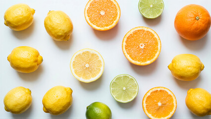Fototapeta premium Flat lay view of fresh lemon, orange, and lime slices on a white background. This vibrant citrus fruit composition is ideal for healthy food and organic diet concepts
